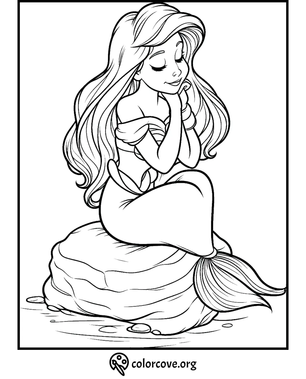 Mermaid coloring page: serene mermaid sitting on a rock, long flowing hair, coloring fun for kids and adults.