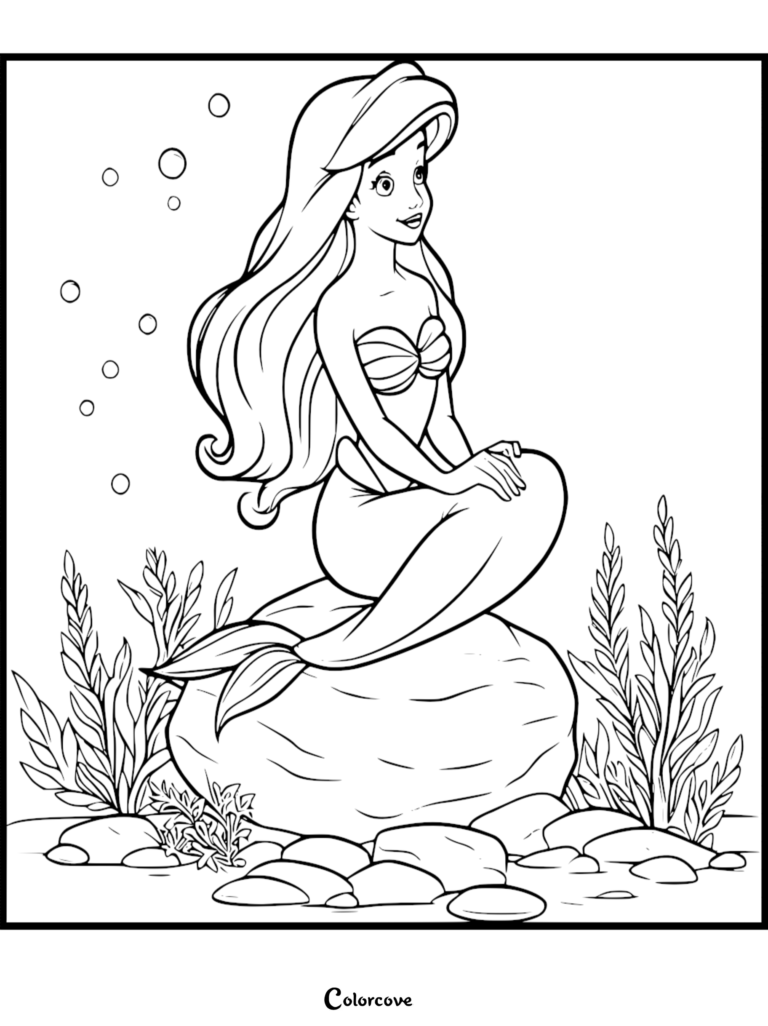 Ariel from The Little Mermaid sitting on an underwater rock surrounded by seaweed, printable coloring page.