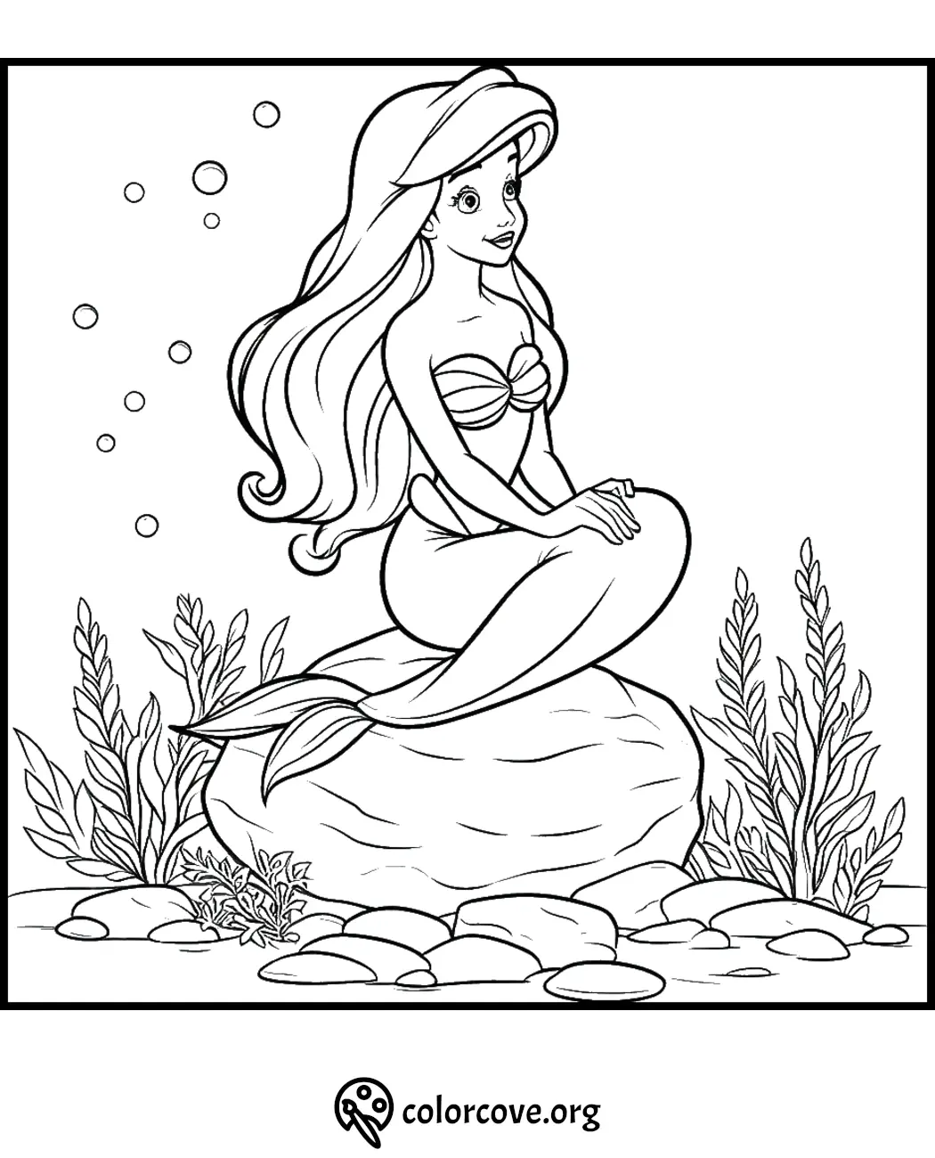 Mermaid coloring page with seaweed and bubbles, ideal for creative kids' activities and imaginative fun.