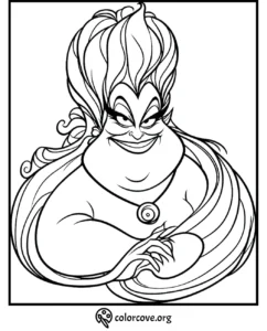 Coloring page featuring a cartoon sea witch with flowing hair and mischievous smile.
