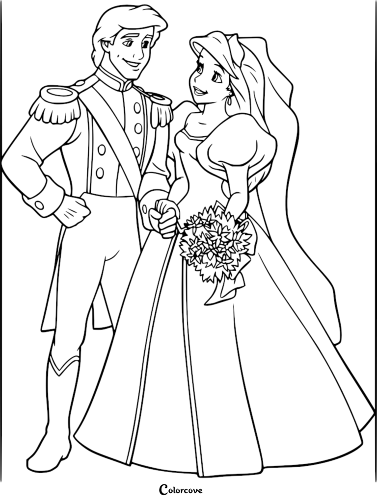Ariel in a wedding gown and Prince Eric in his formal uniform holding hands on this printable coloring page.