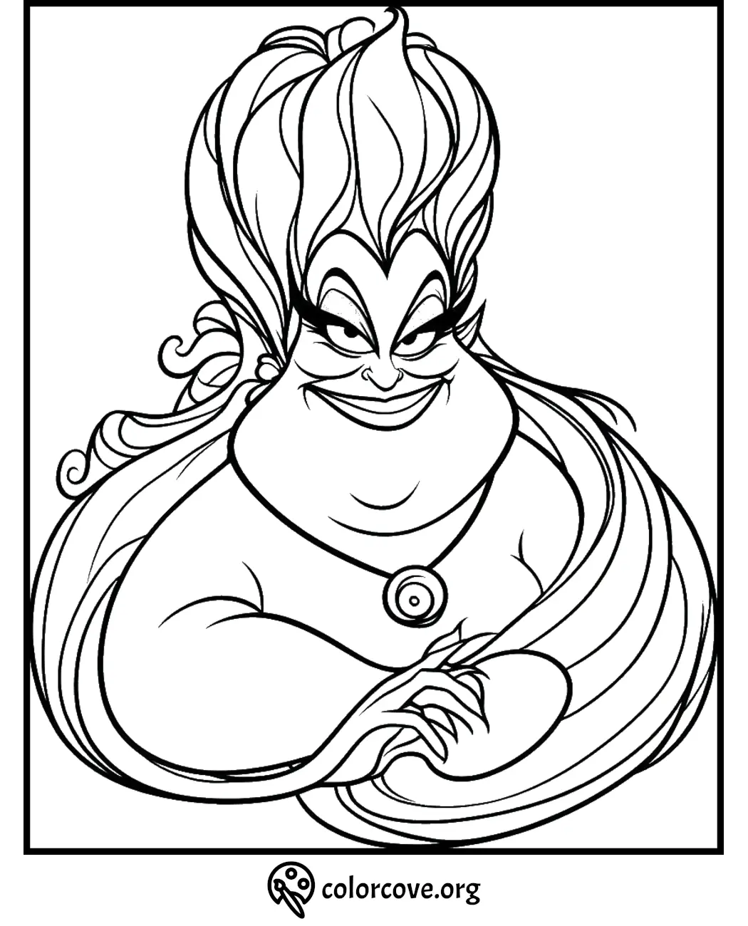 Coloring page featuring a cartoon sea witch with flowing hair and mischievous smile.