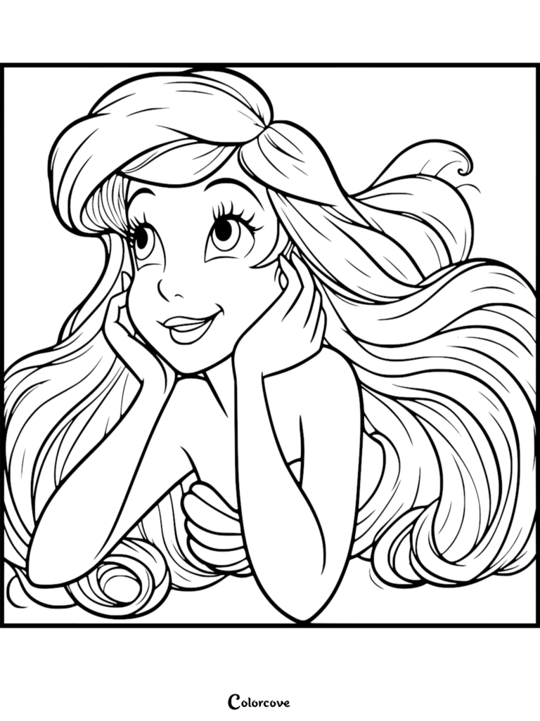 Ariel from The Little Mermaid resting her chin on her hands with long flowing hair in this printable coloring page.