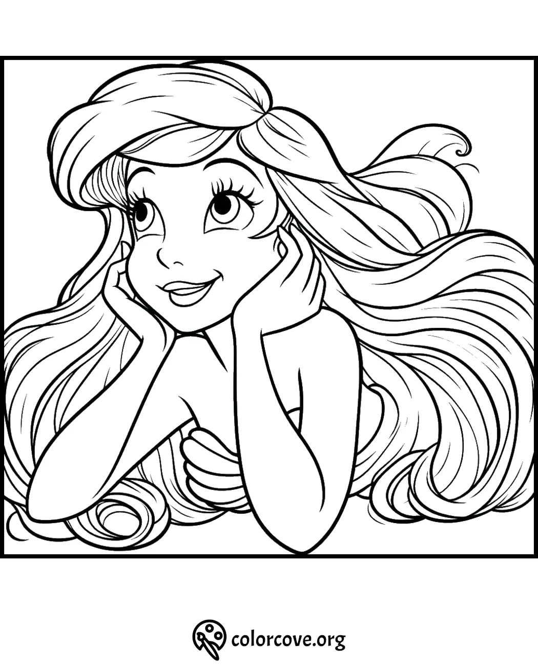 Mermaid princess with flowing hair, smiling and resting her chin on hands. Coloring page illustration.