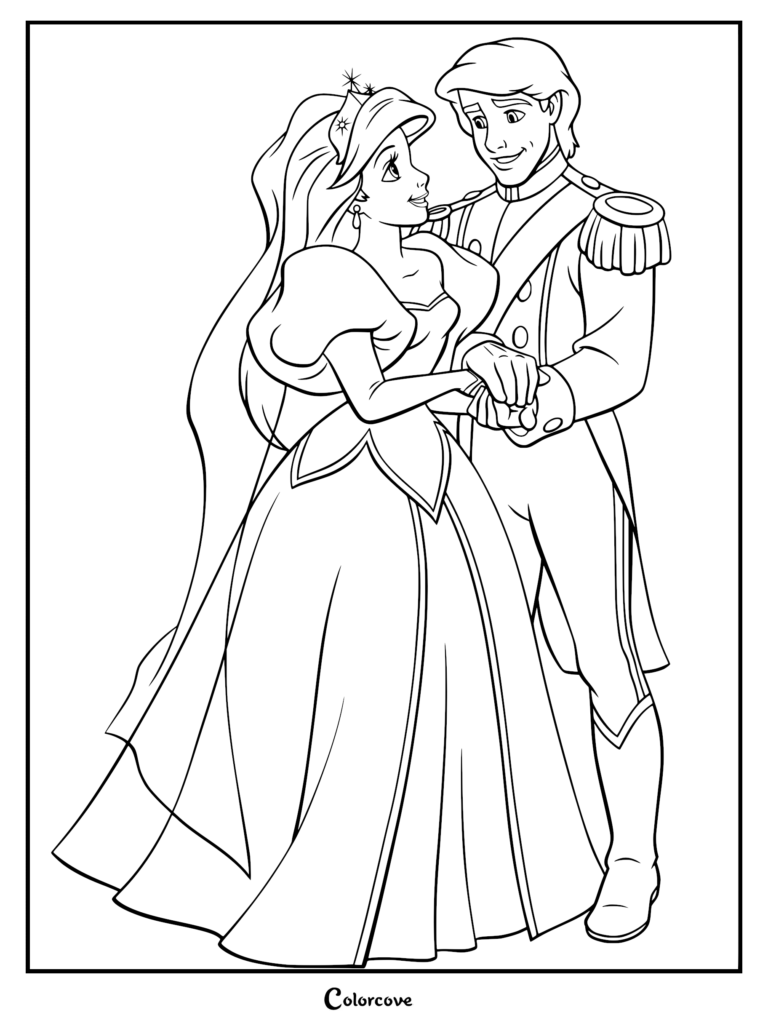 Ariel and Prince Eric in wedding attire holding hands, a detailed line art coloring page.