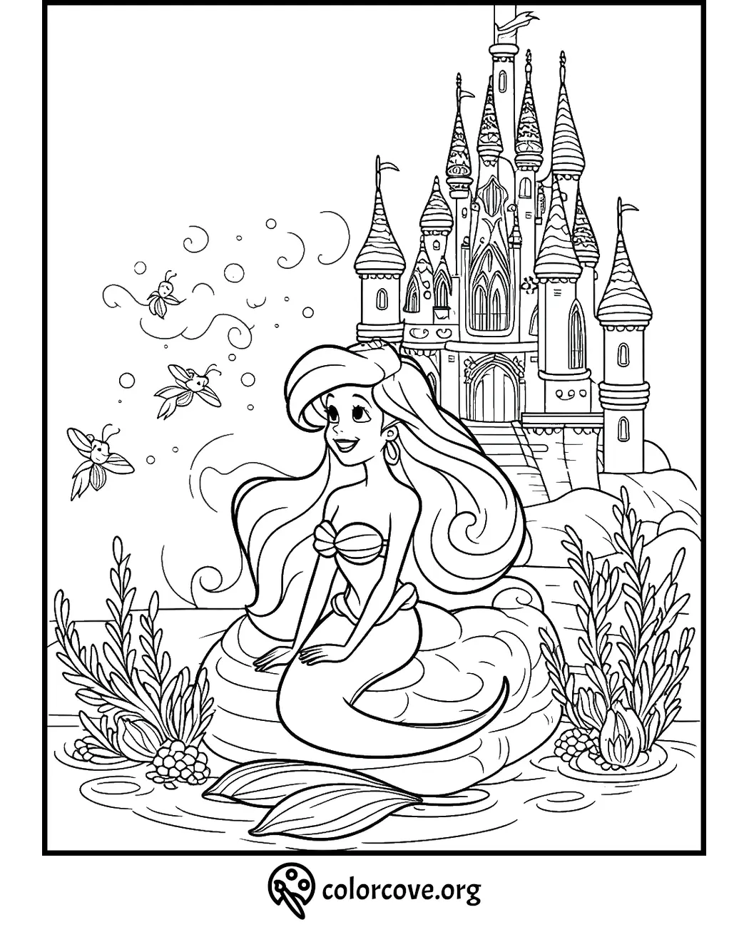 Mermaid coloring page with castle background and sea creatures, perfect for kids’ creativity and fun.