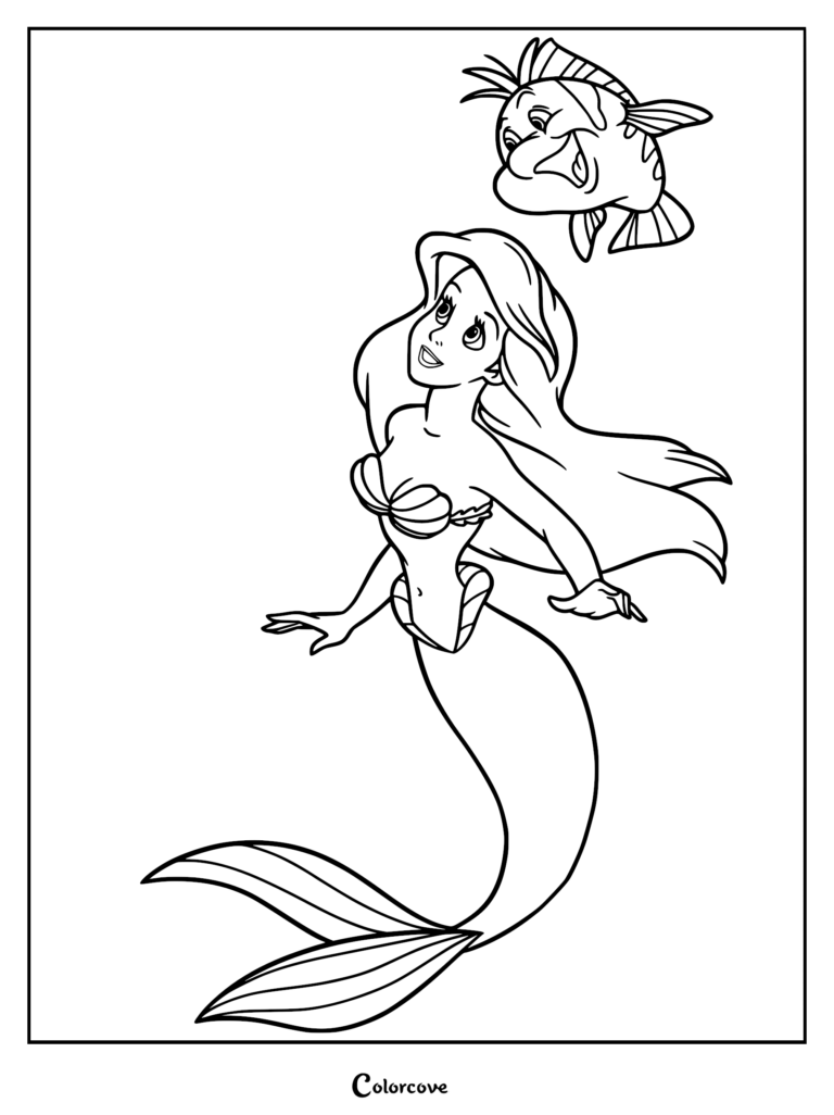 Ariel from Disney's The Little Mermaid swimming and looking up at her friend Flounder in this printable coloring page.