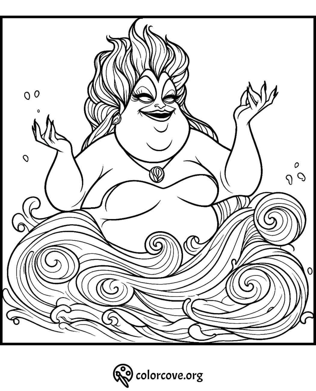 Sea witch character in waves, intricate coloring page for kids. Fun, detailed ocean-themed illustration.