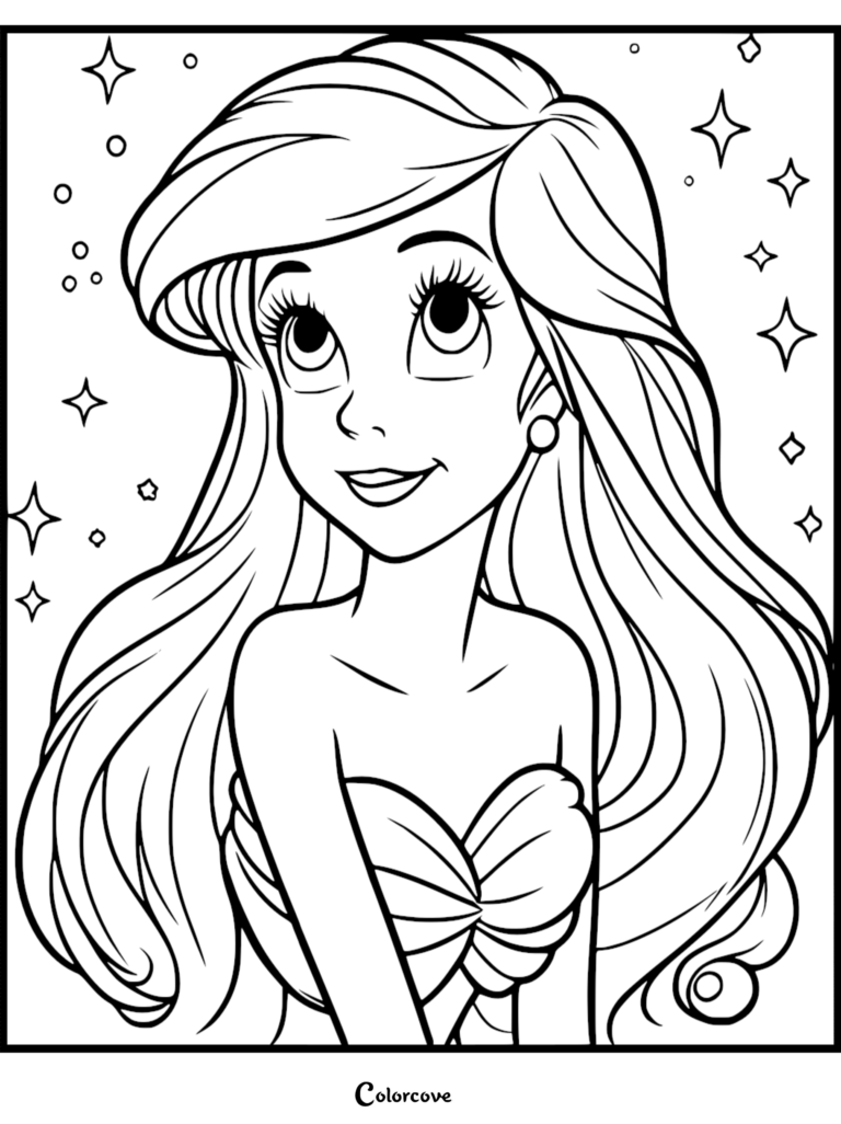 Ariel from The Little Mermaid looking upward with sparkling stars in this printable coloring page.