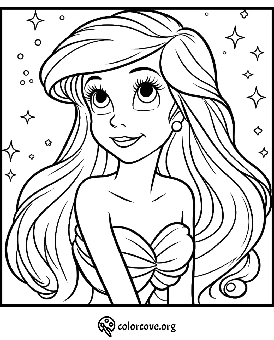 Mermaid coloring page with long hair and ocean-themed background for kids' creative fun.