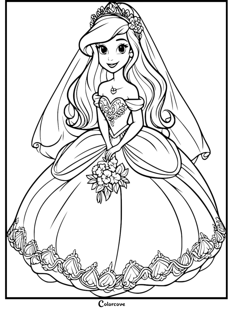 Ariel wearing a detailed wedding gown with a veil and holding a bouquet in this printable coloring page.