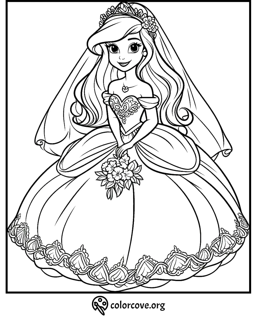 Princess in a wedding dress coloring page, holding a bouquet, for kids to enjoy and color creatively.