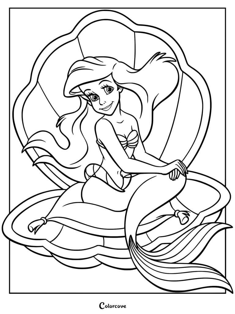 Ariel from The Little Mermaid sitting inside a large open seashell, printable coloring page.