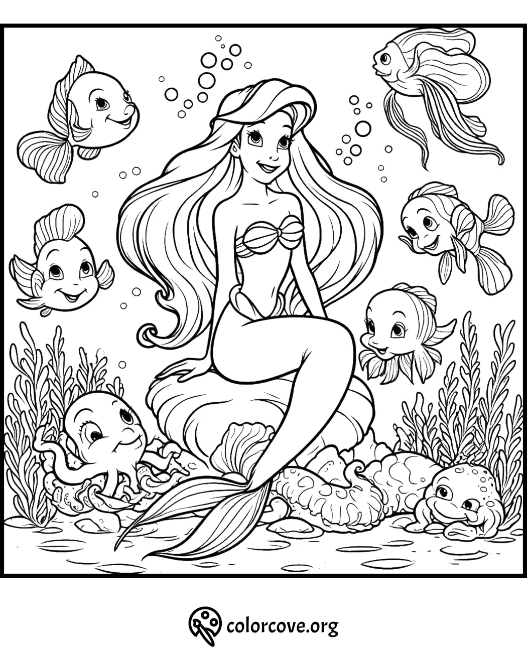 Mermaid coloring page with fish and sea creatures, perfect for kids' ocean-themed art activities.