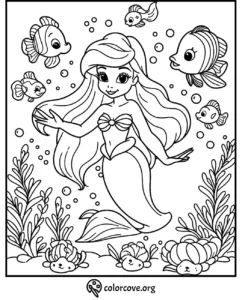Mermaid coloring page with fish and sea plants for kids. Cute undersea scene for creative coloring fun.