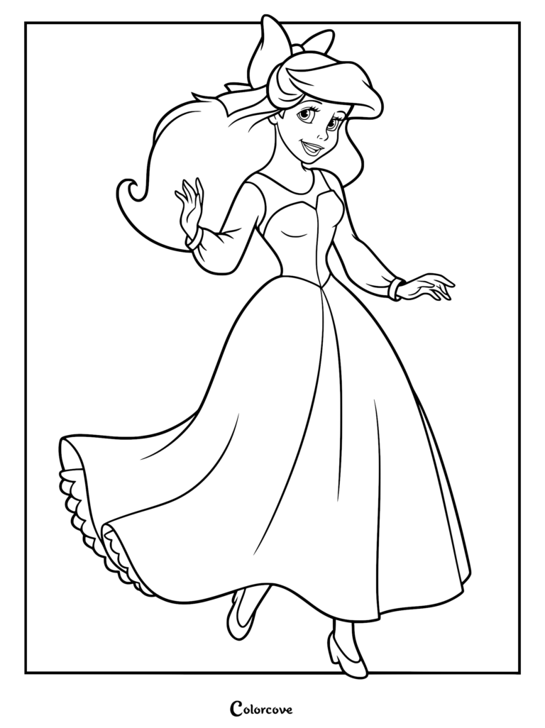 Ariel in human form wearing a long dress and hair bow in this printable coloring page.