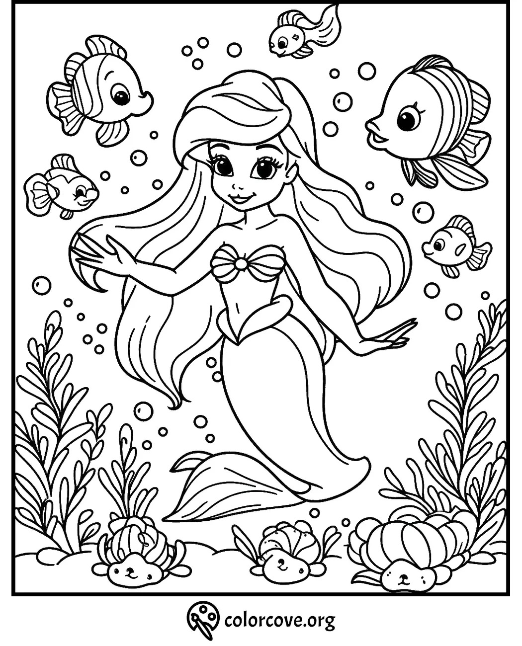 Mermaid coloring page with fish and sea plants for kids. Cute undersea scene for creative coloring fun.