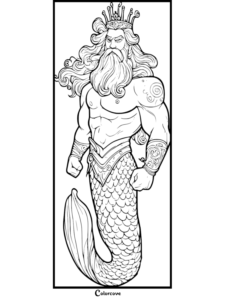 King Triton wearing his crown and arm cuffs in this detailed The Little Mermaid coloring page.