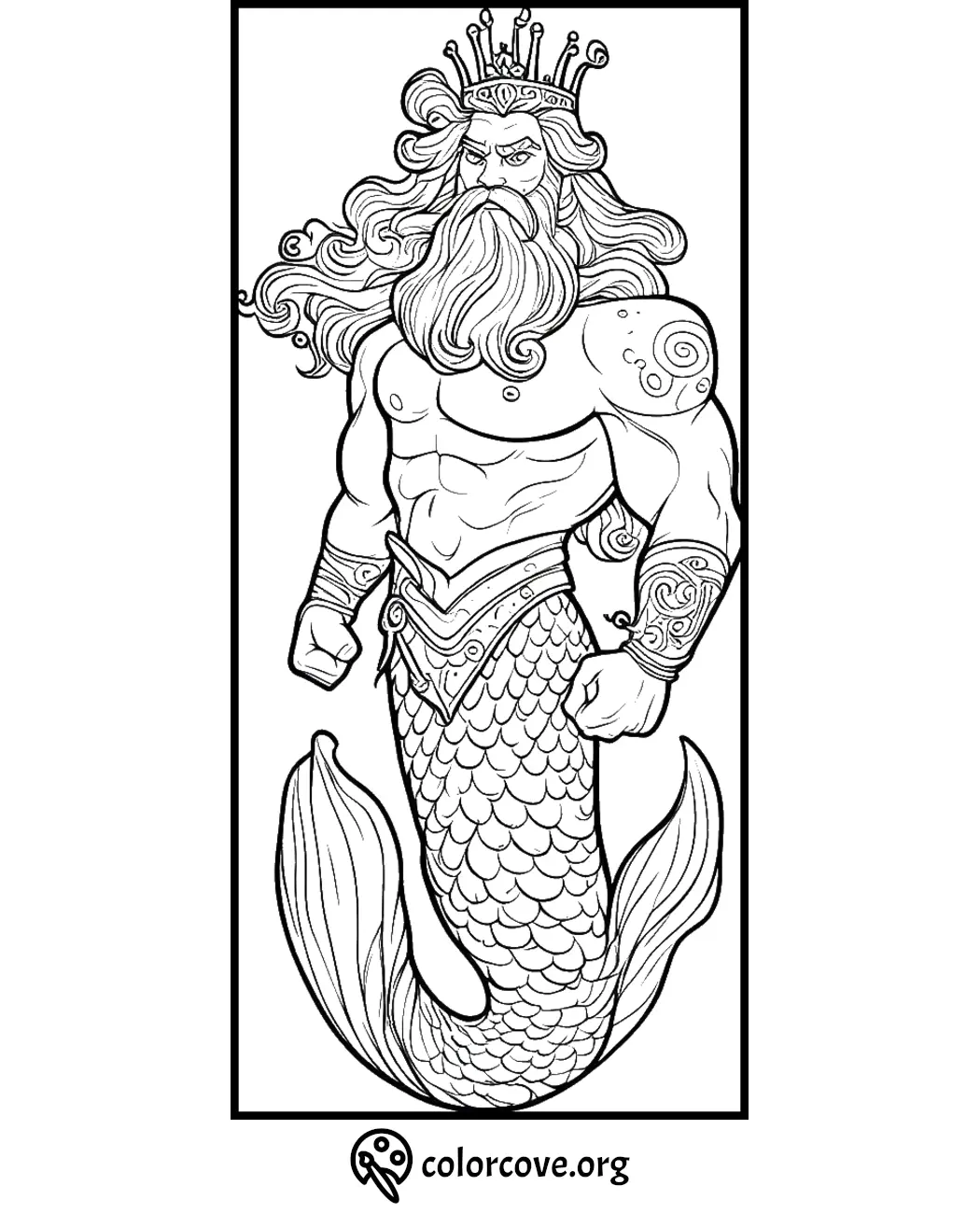 Mythical merman king coloring page with crown and trident.