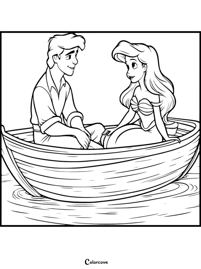 Ariel and Prince Eric sitting together in a wooden rowboat, printable coloring page.