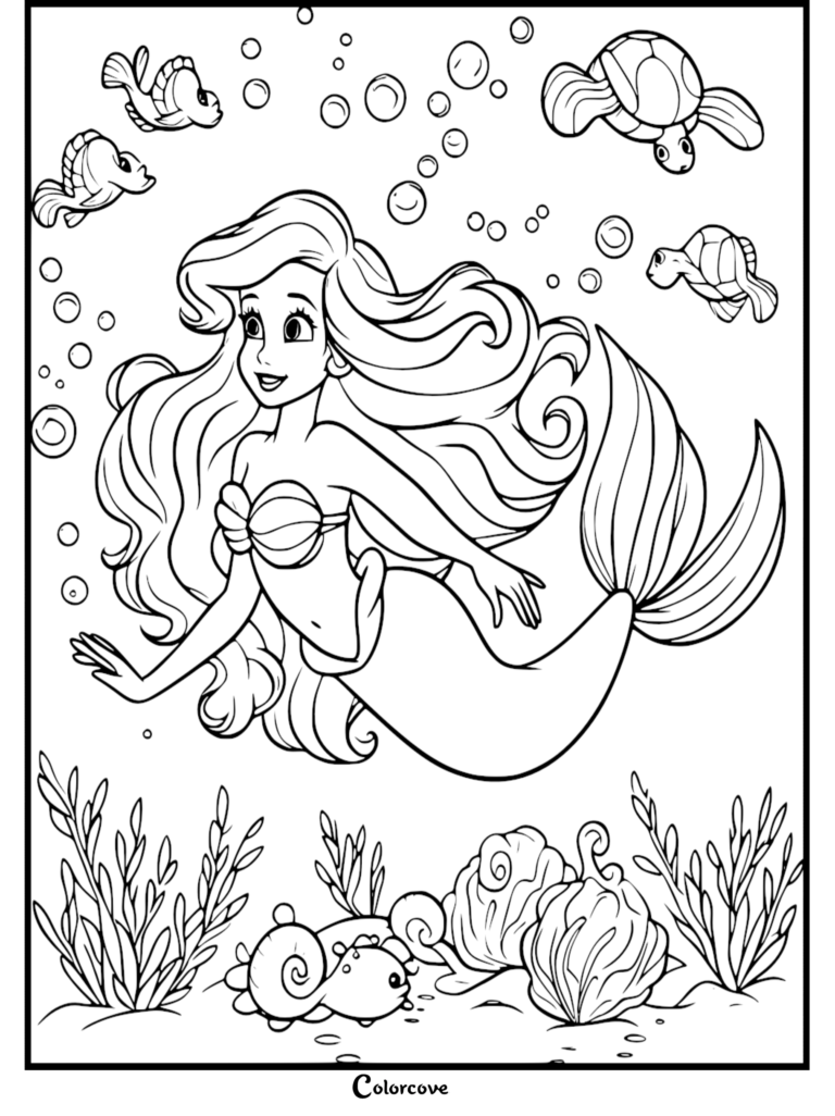 Ariel swimming underwater surrounded by bubbles, small fish, and a sea turtle in this printable coloring page.