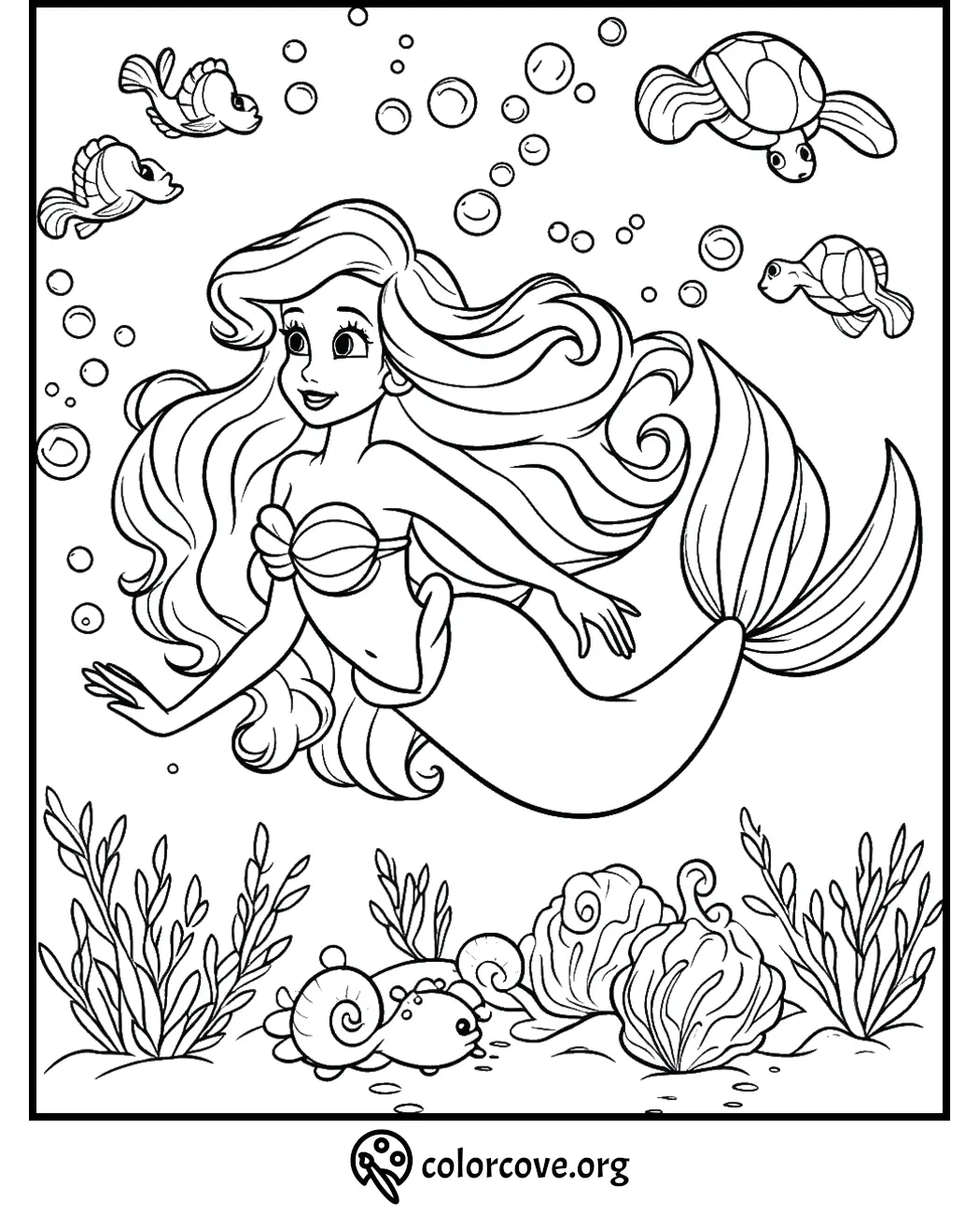 Mermaid underwater coloring page with sea creatures, plants, and bubbles for kids. Fun, interactive printable activity.