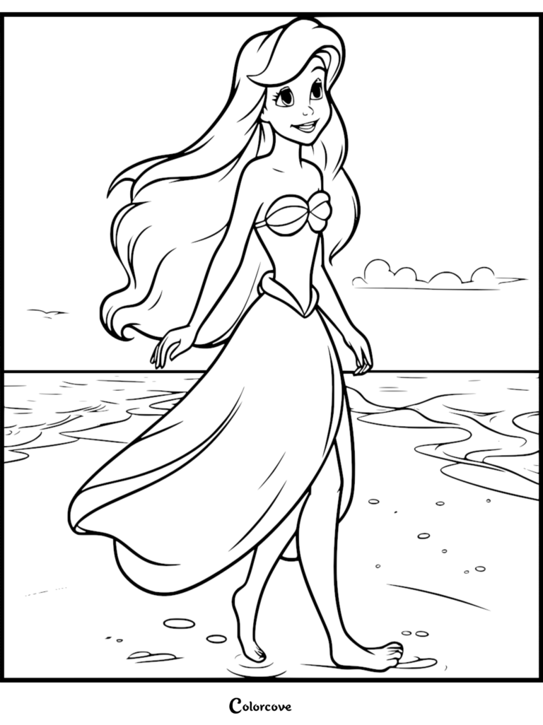 Ariel with long flowing hair wearing a dress walking along the sandy shoreline in this printable coloring page.