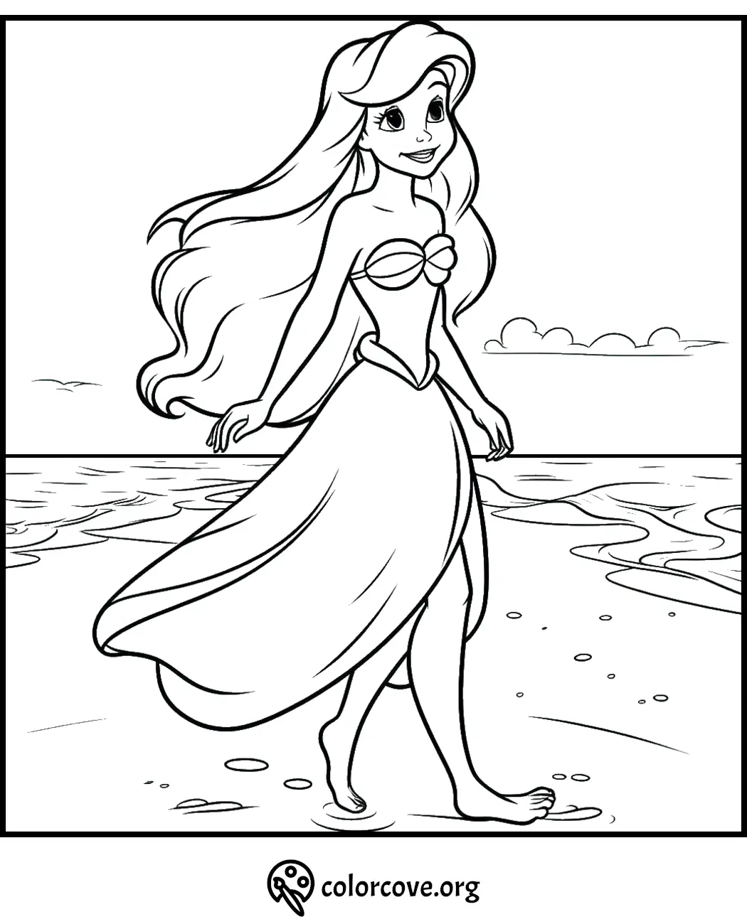 Mermaid princess walking on a beach coloring page for kids – free printable ocean-themed activity.