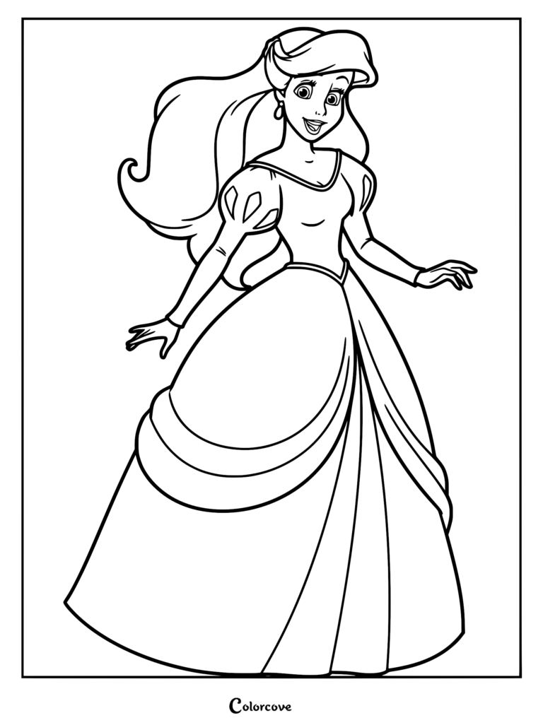 Ariel in human form wearing a formal ballgown in this printable coloring page.