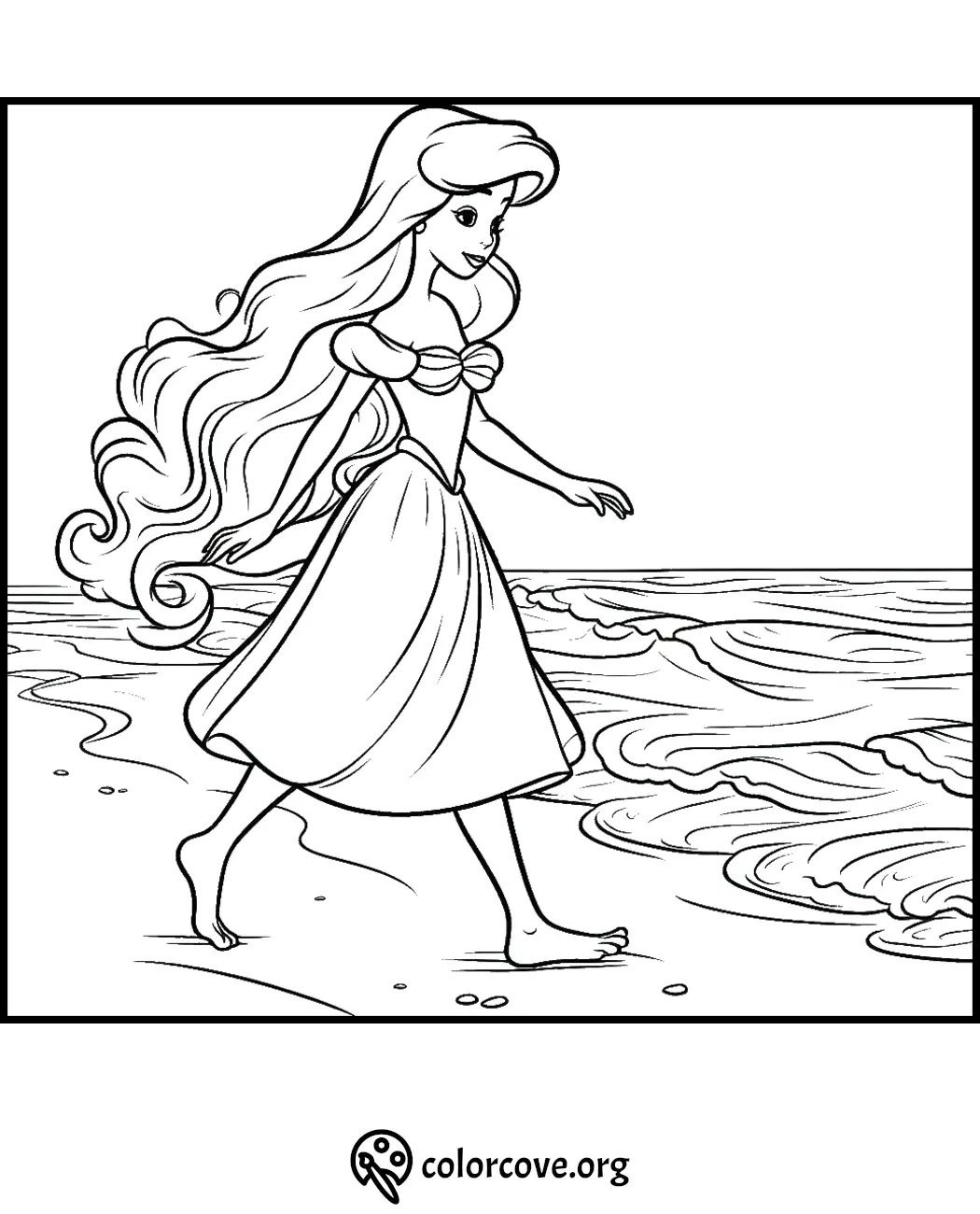 Princess walking along the beach coloring page, long hair flowing, wearing a dress, and enjoying the seaside view.