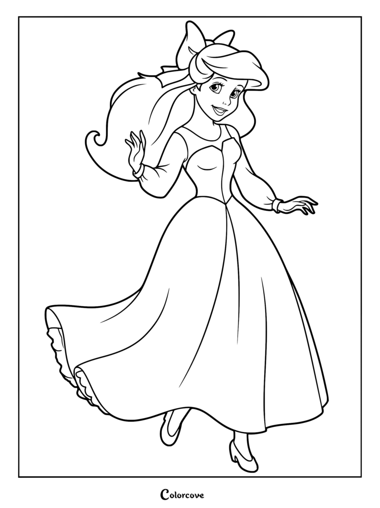 Ariel in human form wearing a long dress and hair bow in this printable coloring page.