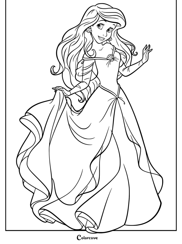 Ariel in human form wearing a ballgown, detailed line art coloring page.