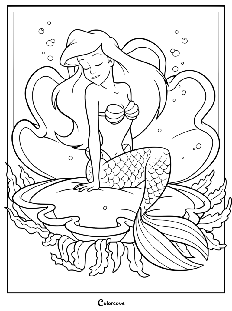 Ariel sitting peacefully inside a large open seashell, a printable coloring page featuring bubbles and seaweed.