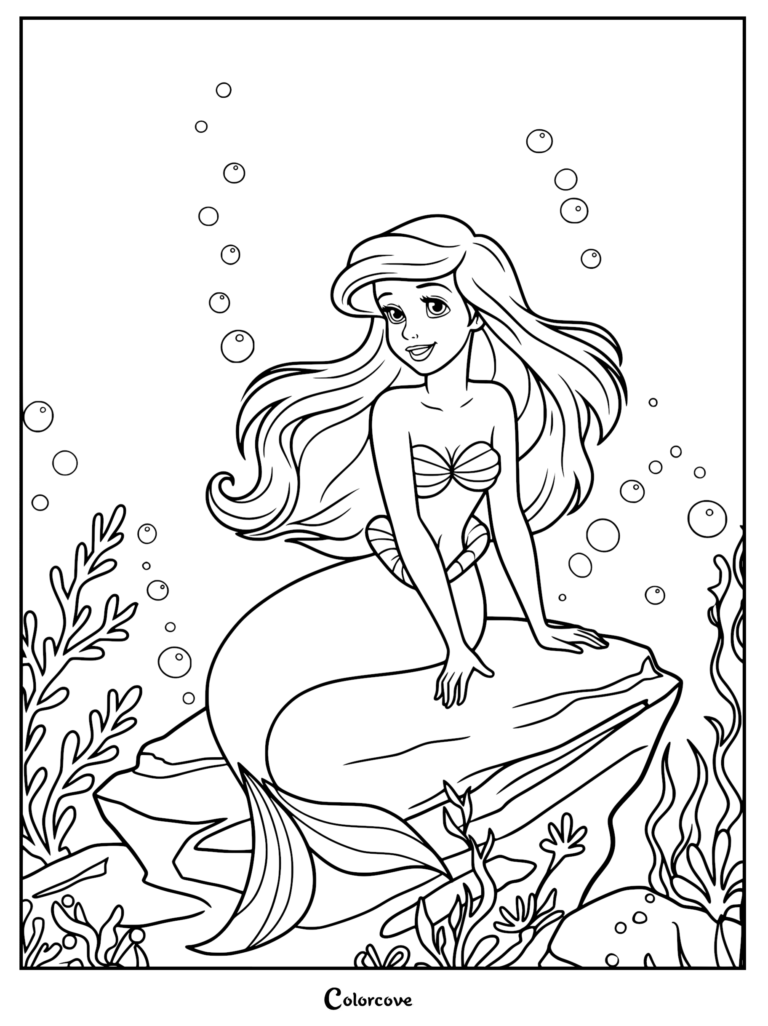 Ariel from The Little Mermaid sitting on an underwater rock surrounded by bubbles and seaweed in this printable coloring page.