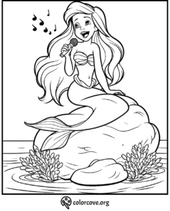 Mermaid singing on a rock coloring page, detailed outline with microphone and ocean scenery, perfect for kids' creativity.