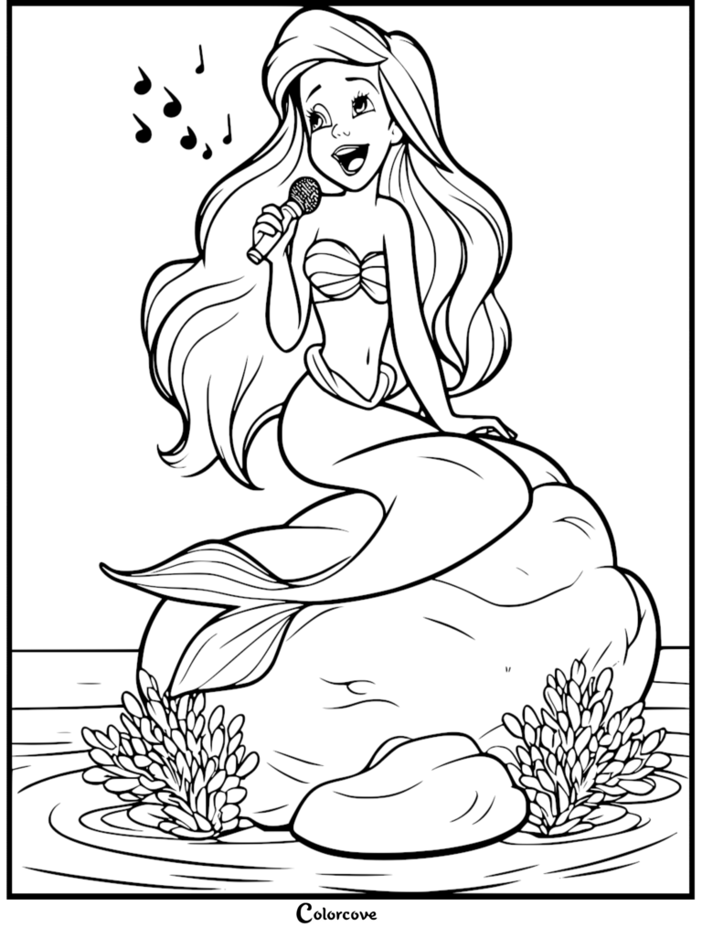 Ariel from The Little Mermaid singing into a microphone while sitting on a rock, printable coloring page.