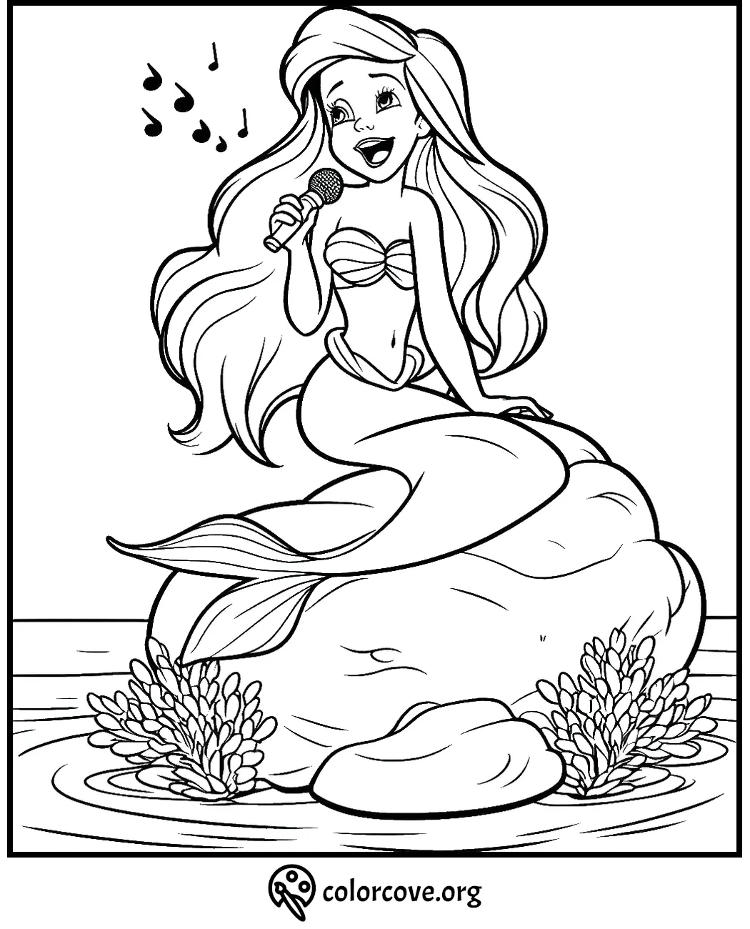 Mermaid singing on a rock coloring page, detailed outline with microphone and ocean scenery, perfect for kids' creativity.