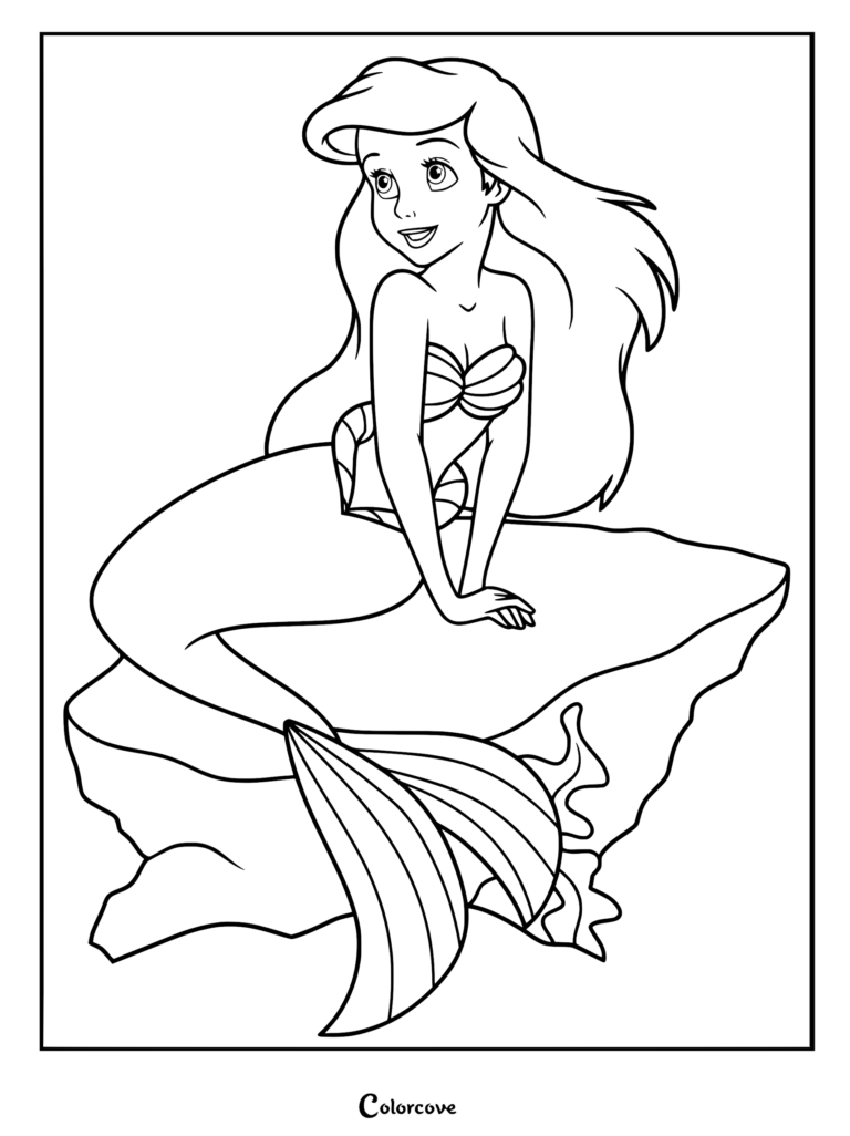 Ariel with long flowing hair sitting on a rock in this printable coloring page.