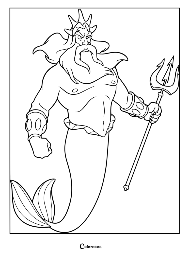King Triton holding his golden trident in this detailed line art coloring page.