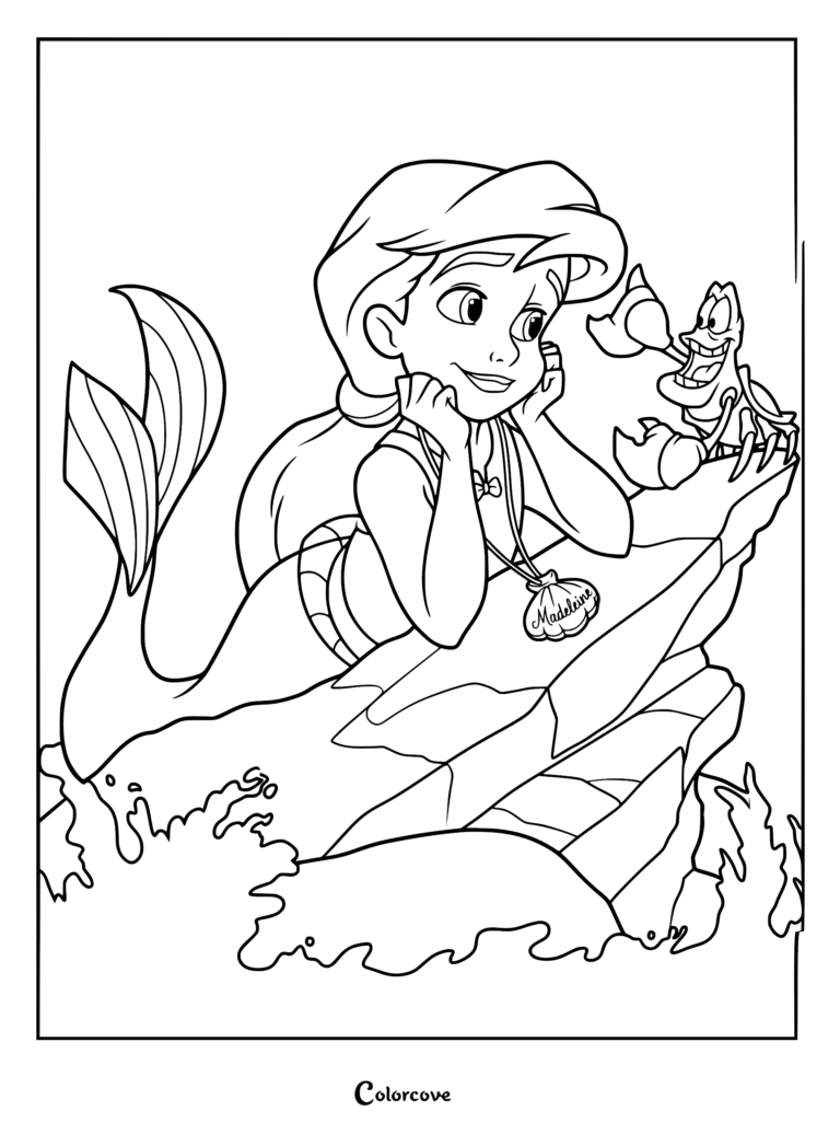 Melody wearing her locket with Sebastian the crab on a rock, printable coloring page.