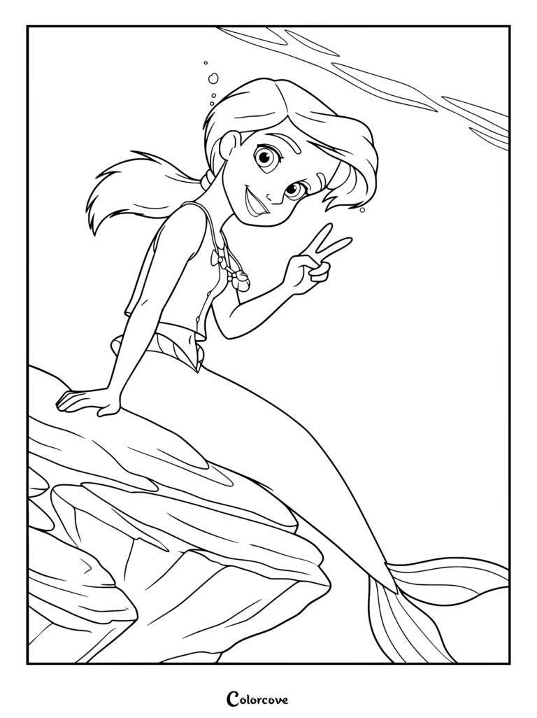 Melody from The Little Mermaid sitting on an underwater rock making a peace sign, printable coloring page.