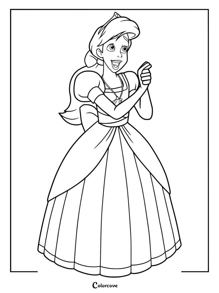 Melody wearing a royal gown and tiara in this printable coloring page.
