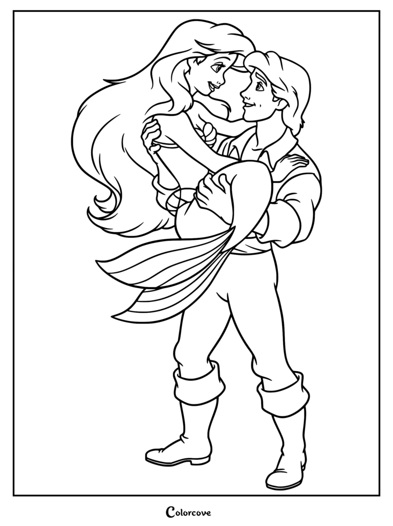 Prince Eric holding Ariel in his arms in this romantic The Little Mermaid coloring page