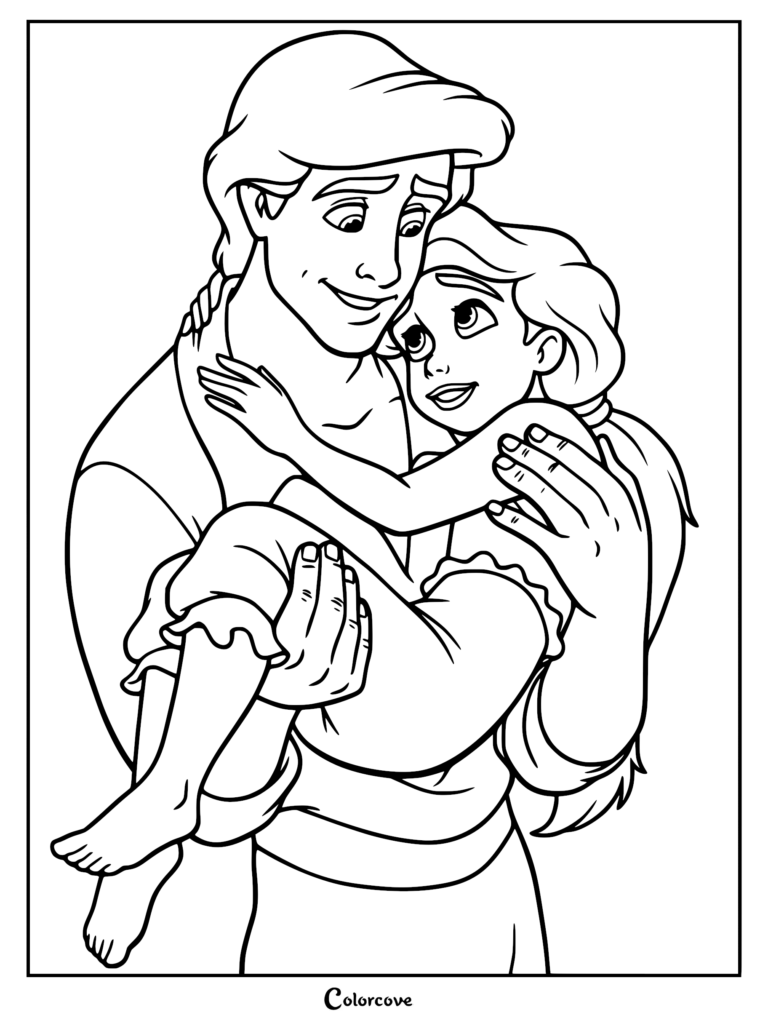 Prince Eric holding his daughter Princess Melody in a tender embrace, printable coloring page featuring the two characters.