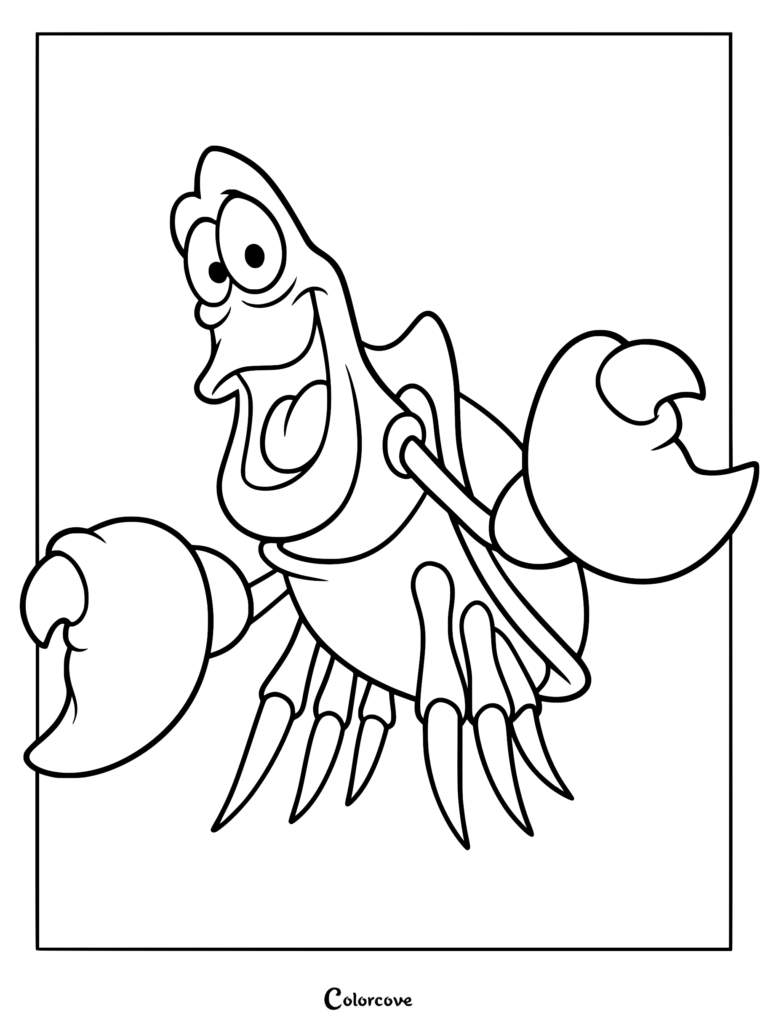 Sebastian the crab smiling with claws raised in this printable coloring page.