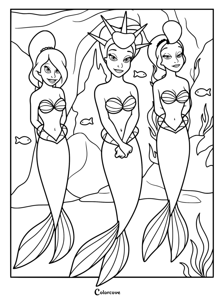 A printable coloring page featuring Ariel's sisters Arista with blonde hair, Attina with red hair and a crown, and Adella with brown hair swimming underwater.