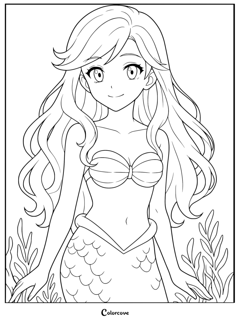 Ariel with long flowing hair and a seashell top in this detailed mermaid coloring page.