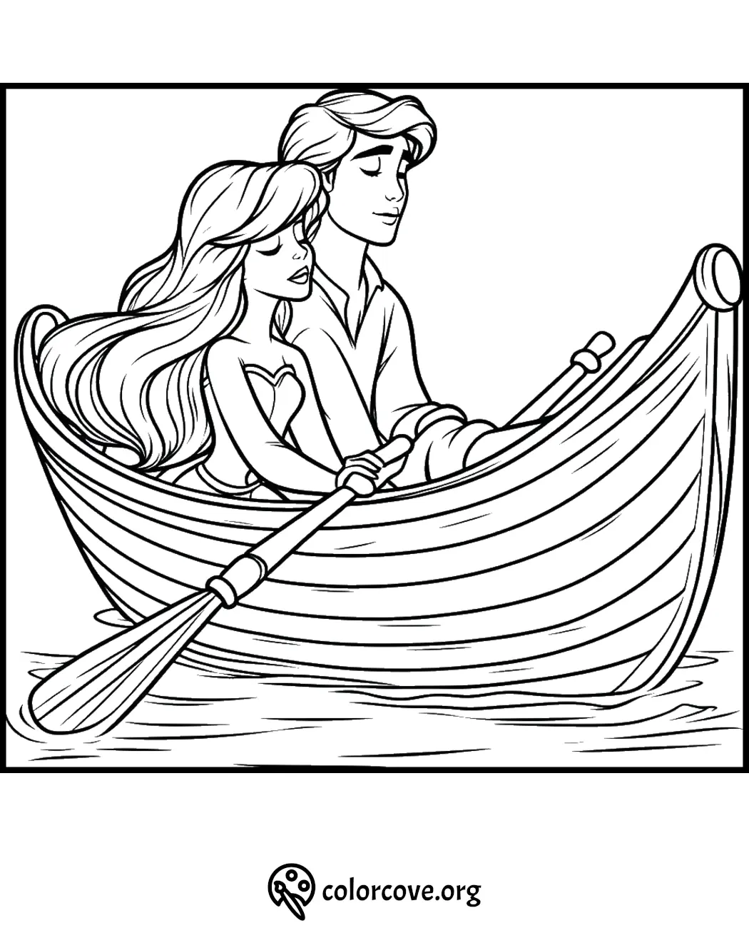 Couple in a boat coloring page, romantic scene, free printable illustration for kids.