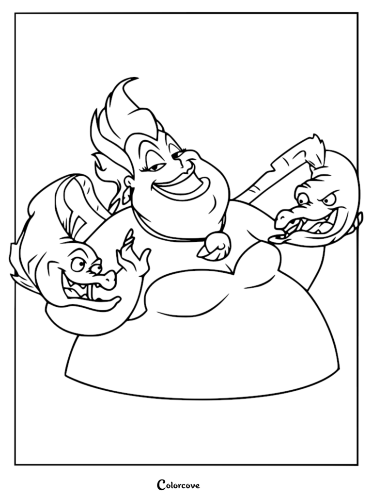 Ursula the sea witch smiling with her pet eels Flotsam and Jetsam in this printable coloring page.