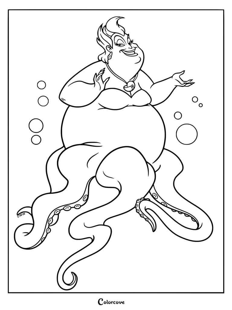 Ursula from The Little Mermaid with her tentacles and shell necklace in a printable coloring page format.